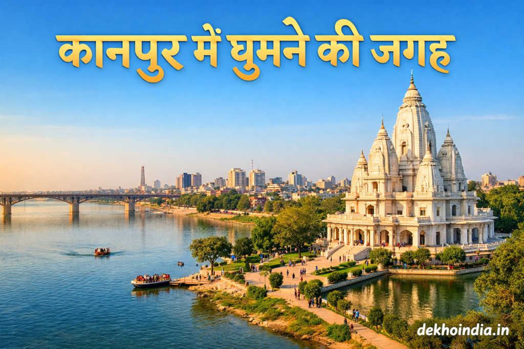 🏙️ कानपुर में घूमने की पूरी जानकारी (Kanpur Travel Guide) कानपुर में घूमने की जगह दिखाती अल्ट्रा एचडी इमेज, गंगा नदी, जेके टेंपल और कानपुर सिटी स्काईलाइन के साथ