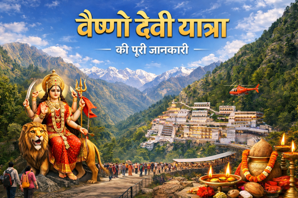 🙏 वैष्णो देवी यात्रा की पूरी जानकारी (Complete information about Vaishno Devi Yatra)🙏 Vaishno Devi Yatra feature image showing Mata Vaishno Devi idol, pilgrims walking on Trikuta mountain path, Bhawan temple complex, helicopter service and Himalayan landscape in Jammu.